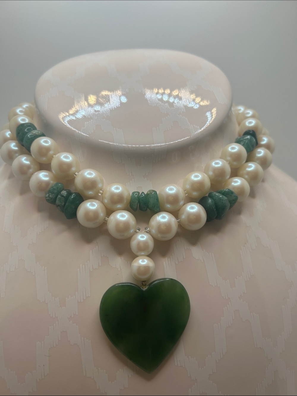 Pearl and Green Jade Heart Necklace - Elegant Double Strand Women’s Jewelry